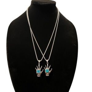 2 Silver tone Claw Evil Eye Goth Pendant 24” Necklace with Blue Gemstone